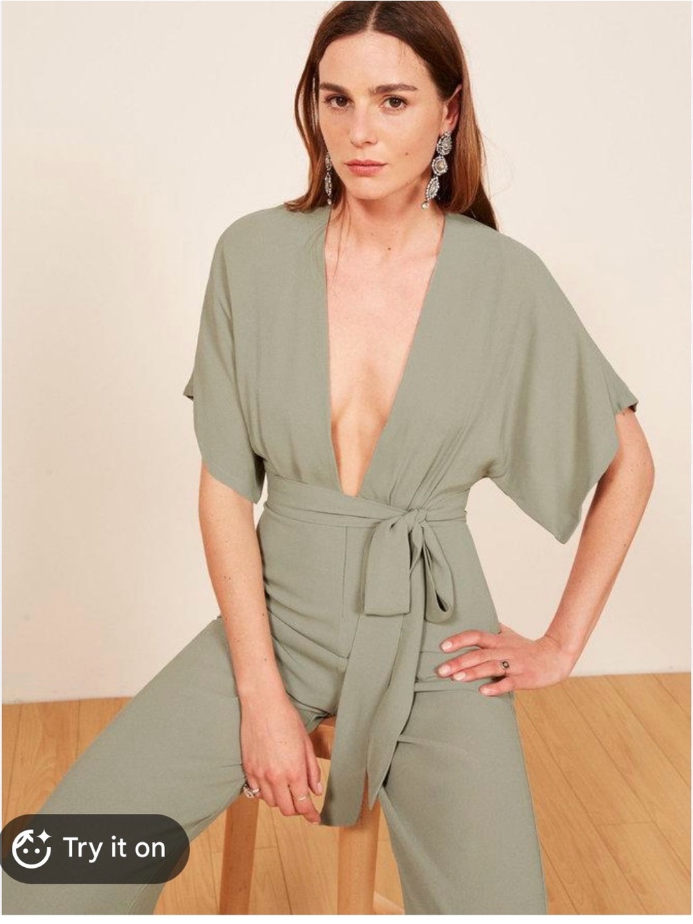 Deep V-Neck Sage Green Jumpsuit with Waist Tie